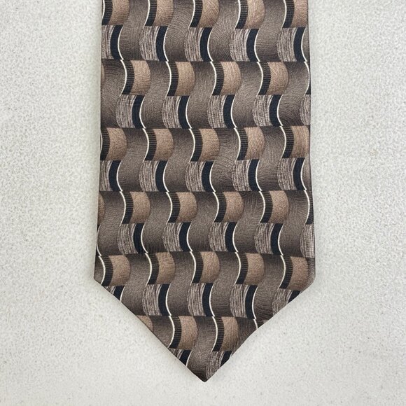 Vintage Geometric Striped Silk Tie 1990s Embossed Necktie Brown/Taupe/Black Con - Picture 1 of 3